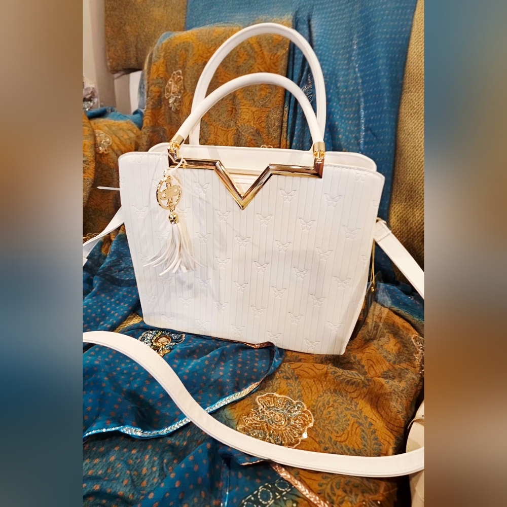 NWT Crossi New York White Butterfly Embossed Structured Satchel Tote Bag